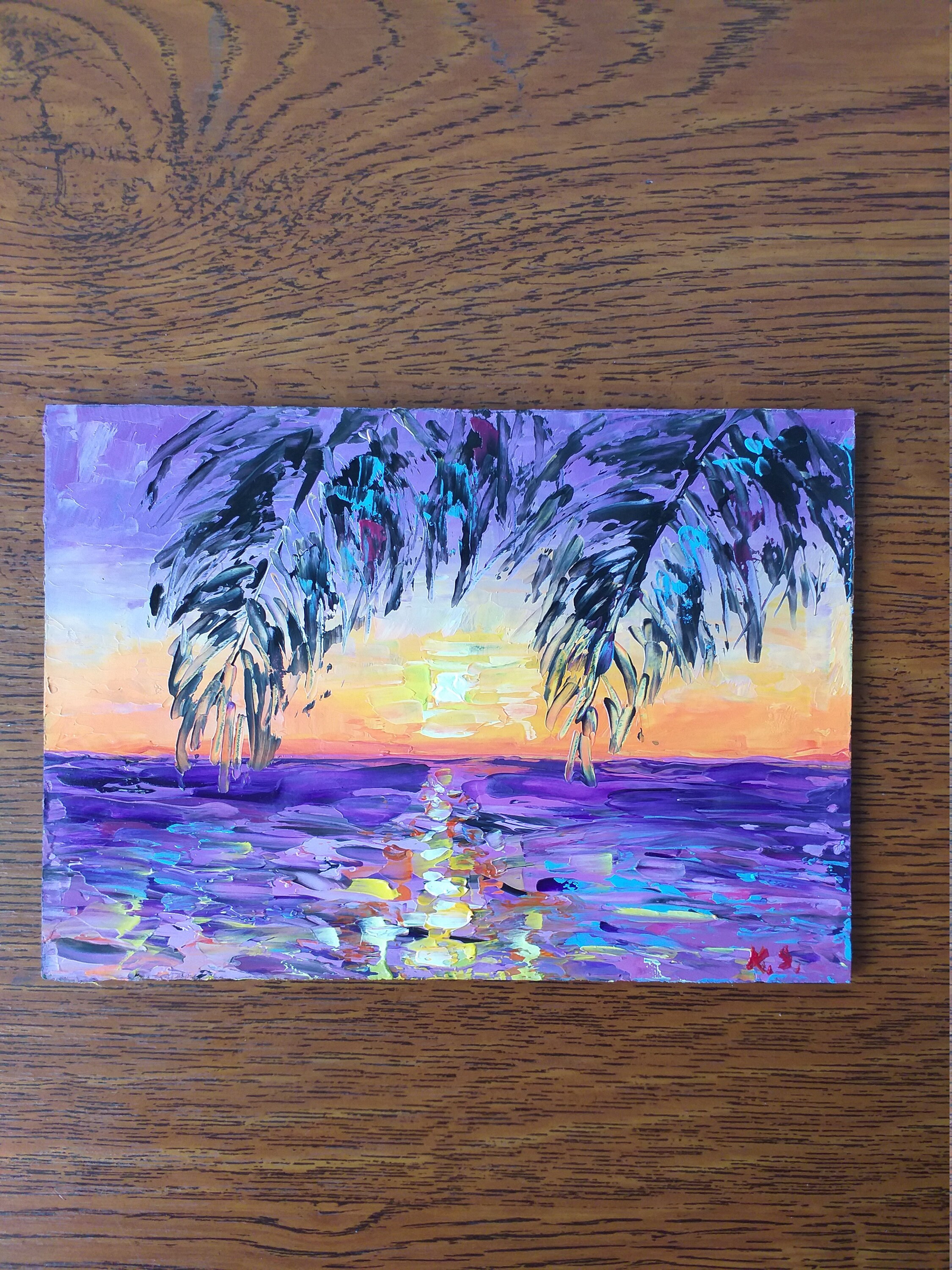 Peinture de Coucher Soleil Peinture Originale à L'huile Paysage Marin Havaii Murale Art Impasto Pein