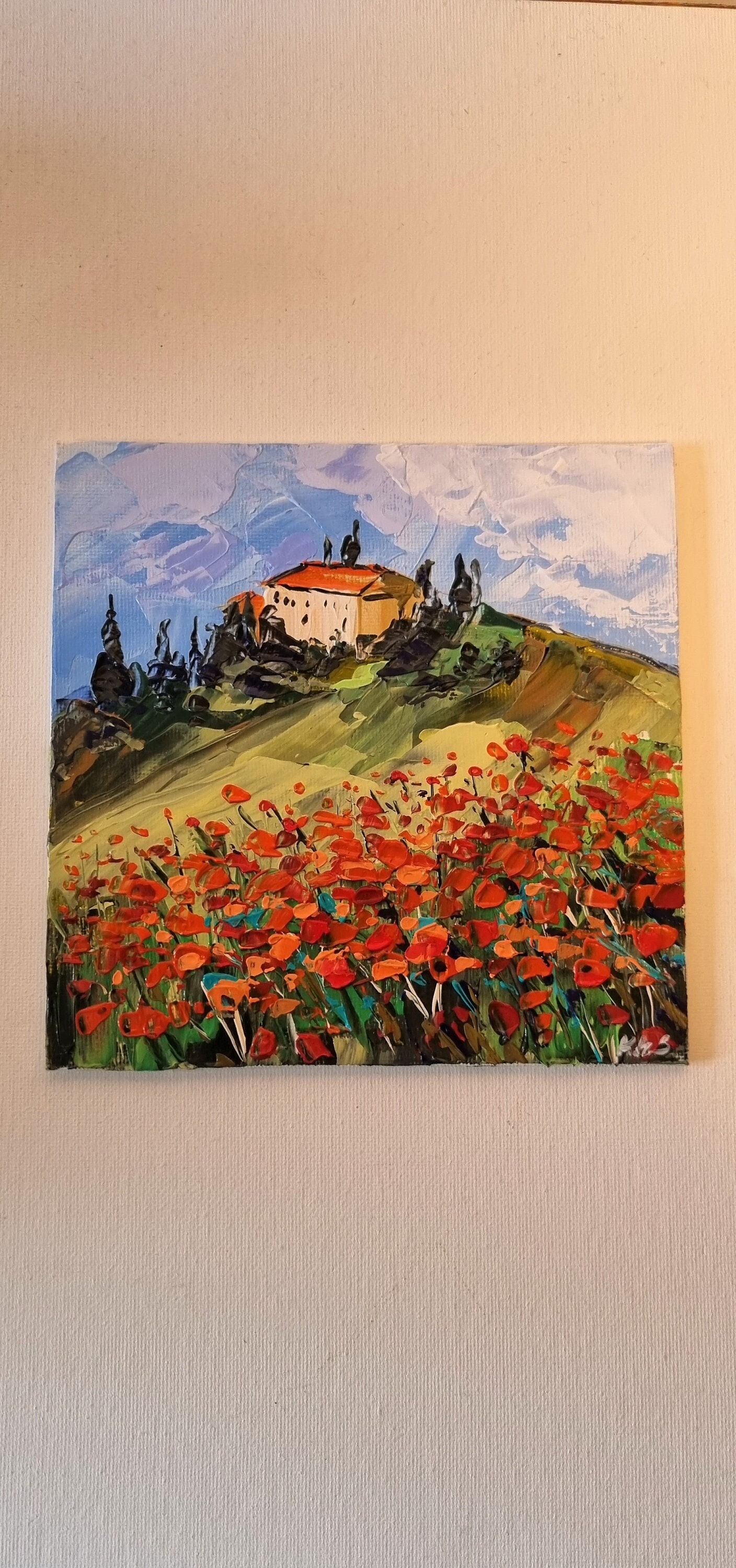 Toscane Peinture Art Original Italie Coquelicot Paysage 6x6 Pouces
