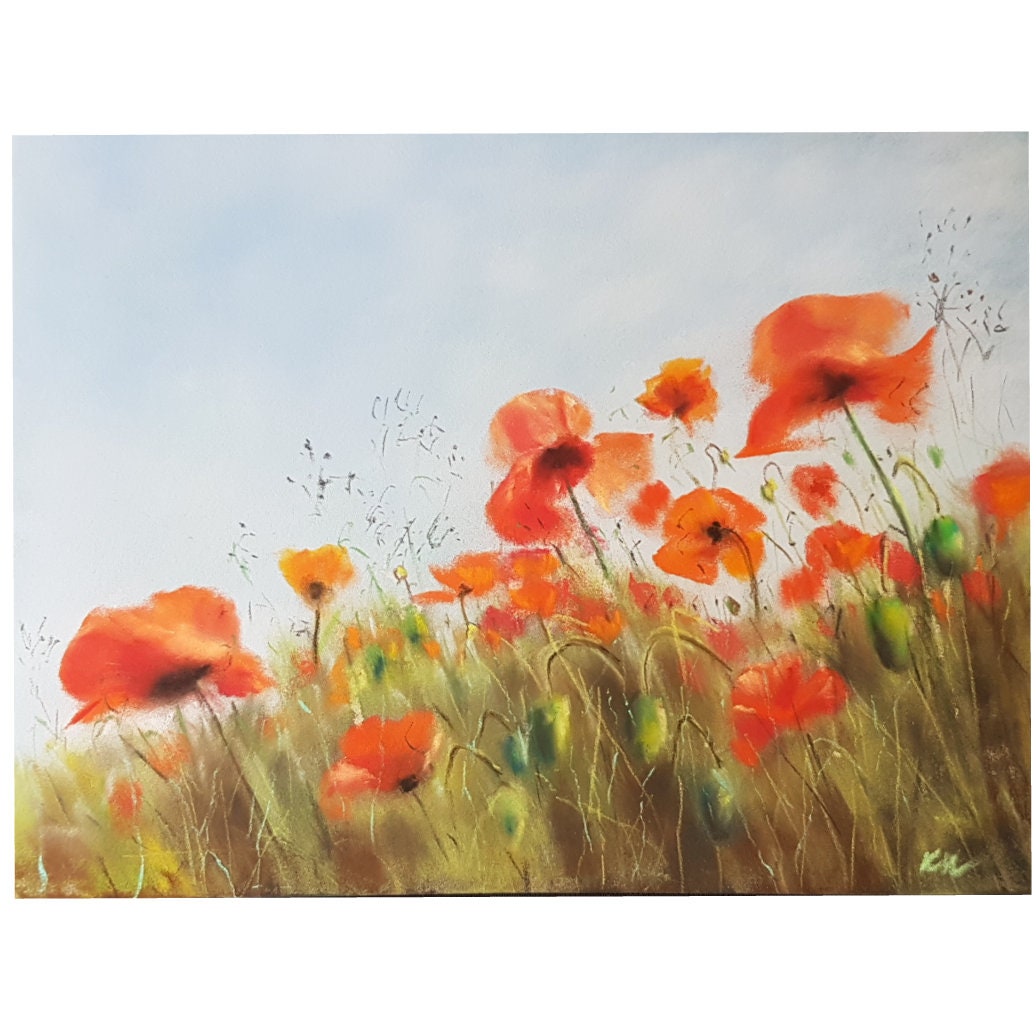 Poppy Field Pastel Peinture Art Original Provence Paysage Prairie Fleurs 7x9, 53 Pouces Mural Floral