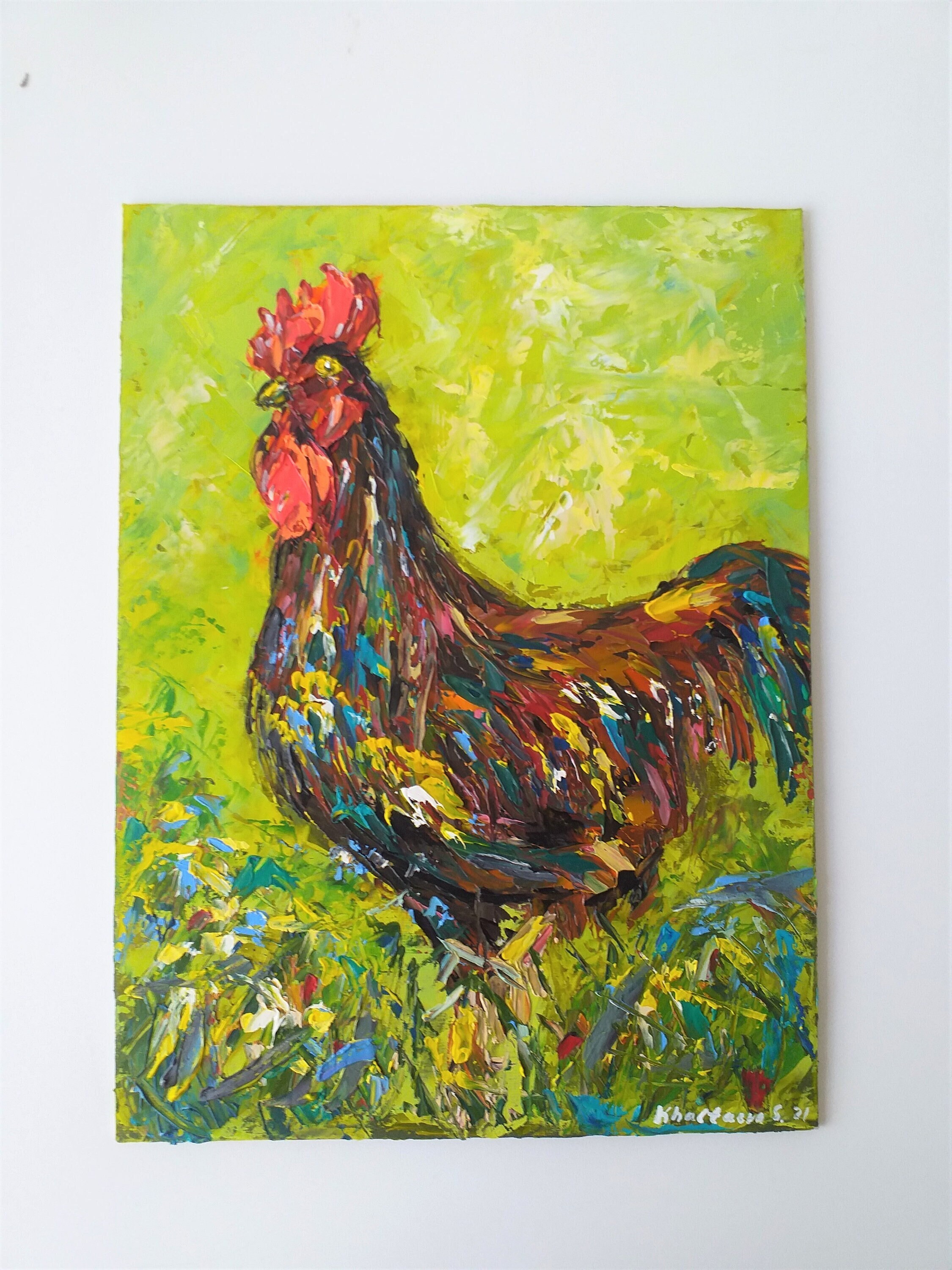 Coq Peinture Oiseau Art Original à L'huile Empâtement Coloré Mural 12x9 Pouces