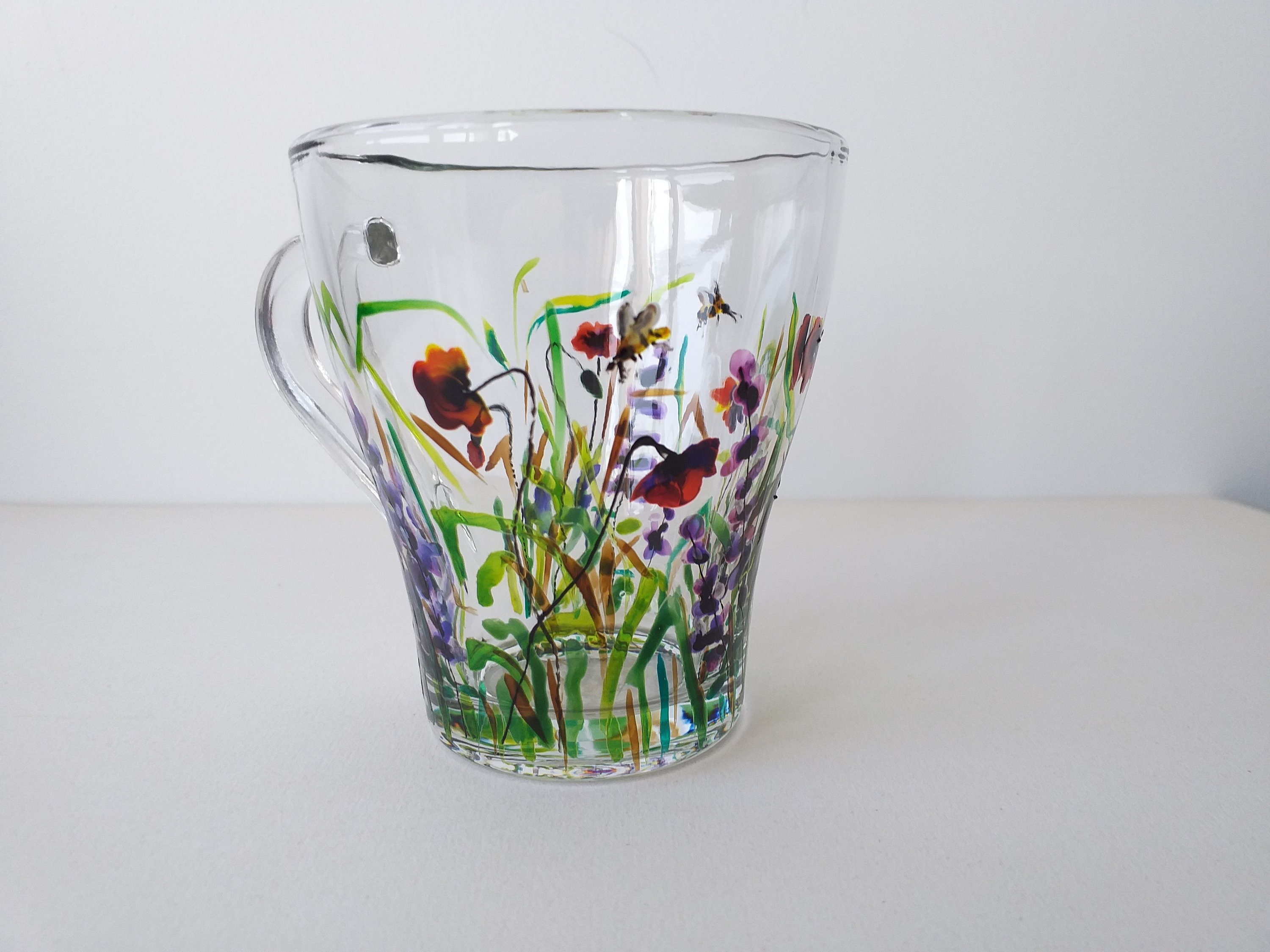 Peint à La Main Lavande Coquelicot Verre Mug Café Fleurs Abeille Miel Prairie Été Fait Décor Cadeau 