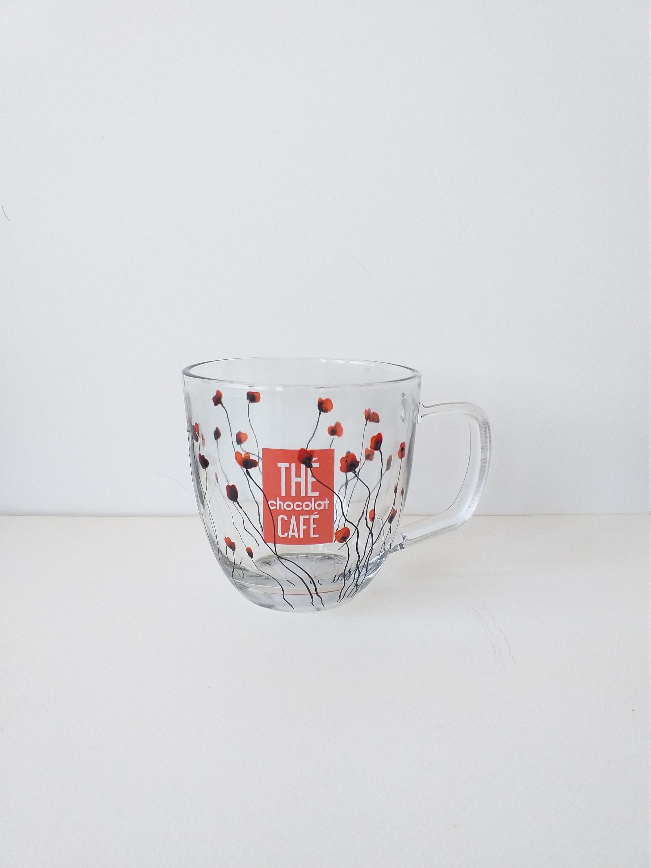 Tasse en Verre Peinte à La Main Poppy Flower Coffee Tea Mug Handmade Decor Gift For Mom Unique Cup G