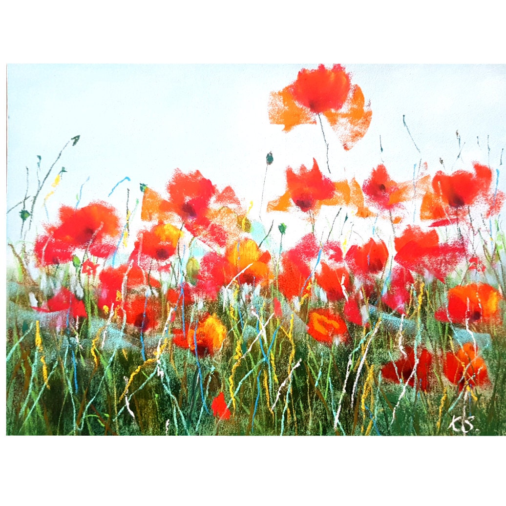 Poppy Peinture Art Original Pastel Impressionniste Florale Murale Optimiste 7x9, 5 Pouces