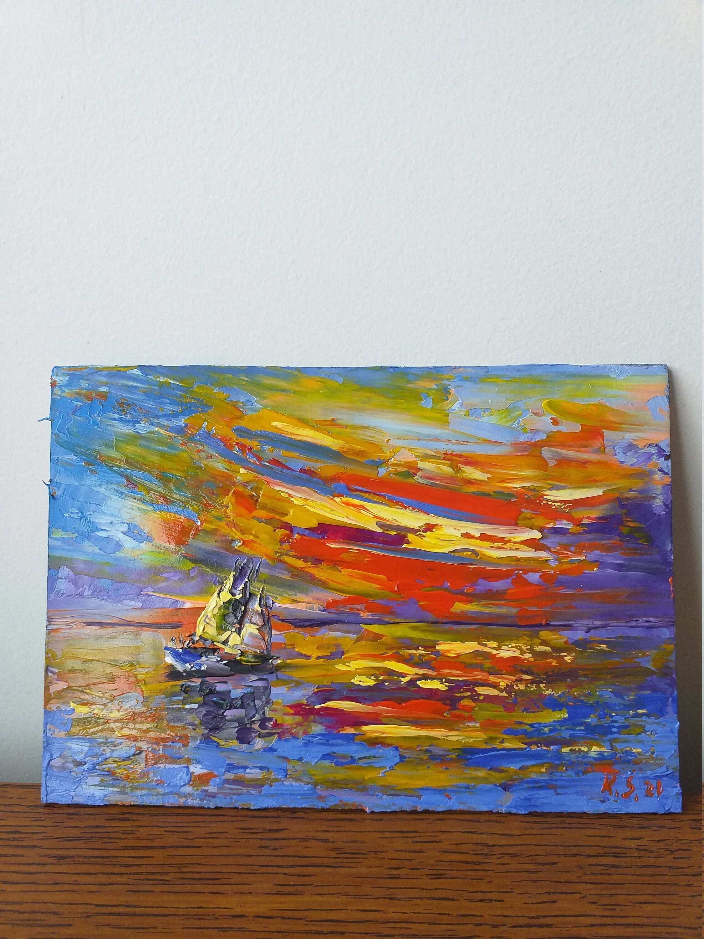 Paysage Marin Coucher de Soleil Havaii Peinture à L'huile Originale Océan Coloré Petite Peinture Mur