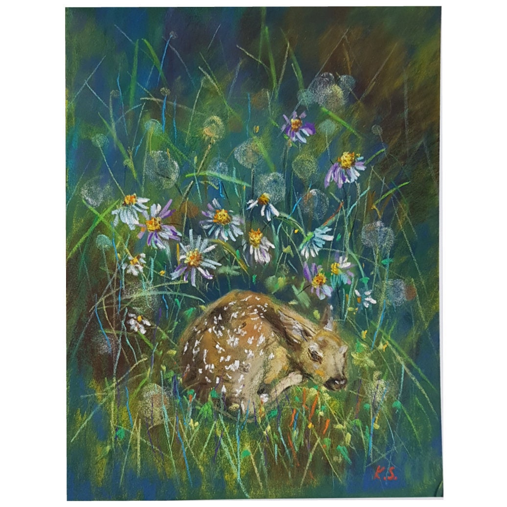 Little Sleeping Fawn Pastel Peinture Originale Art Pissenlit Marguerite Fleurs Nature Animal Cerf Sa