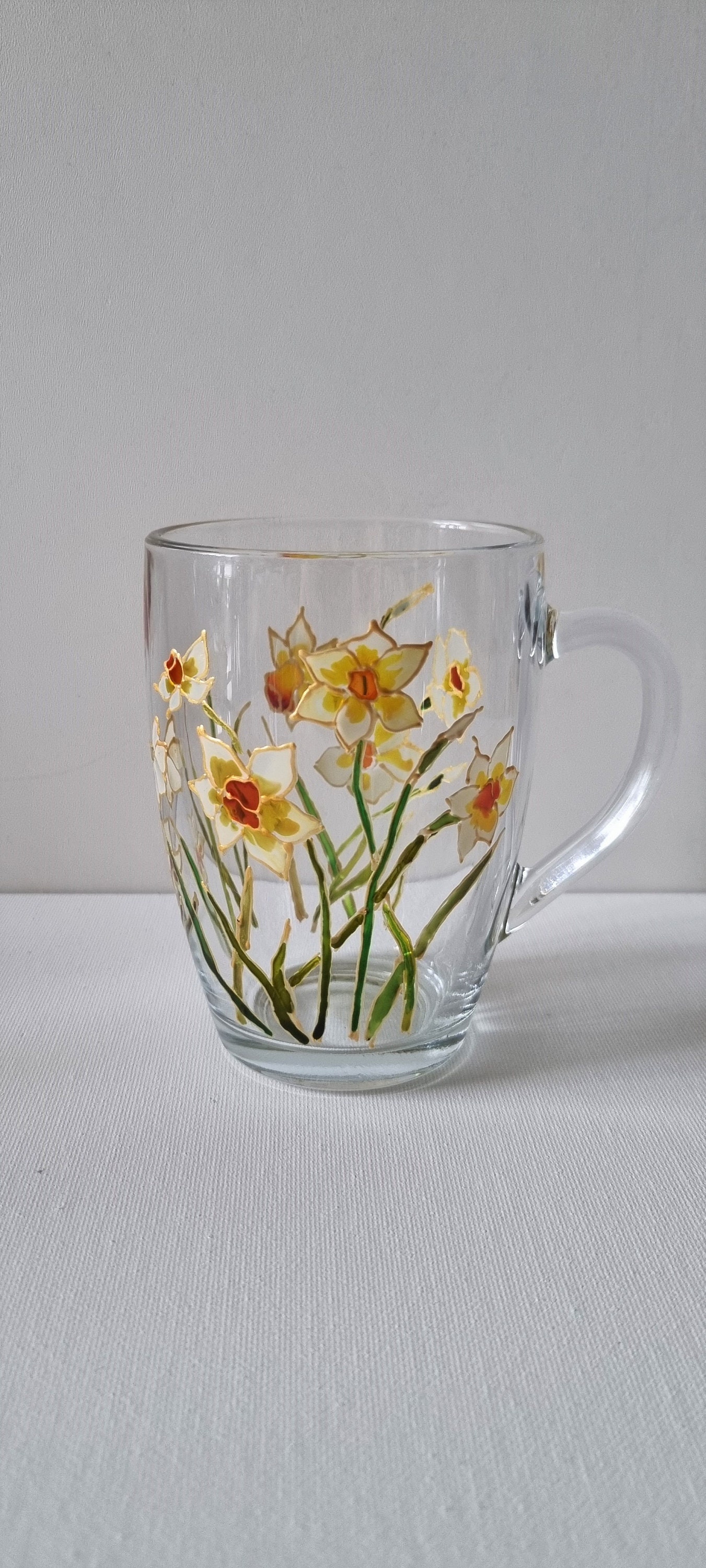 Tasse en Verre Peinte à La Main Café Narcisse Fleur Fait Décor Jonquille Cadeau Unique Verre Floral