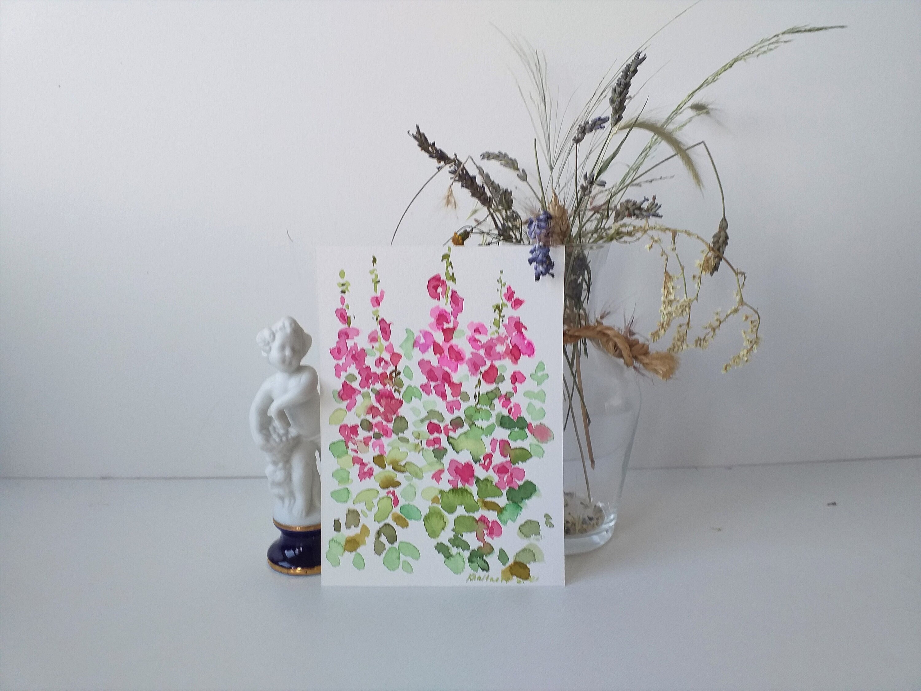 Hollyhock Fleurs Aquarelle Peinture Art Original Florale Mural