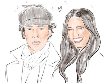 PORTRAIT DE CÉLÉBRITÉ vous + votre obsession caricature personnalisée dessin croquis cadeau secret père noël drôle harry styles sherlock etc.