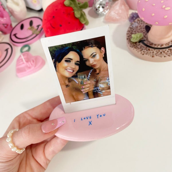 I LOVE YOU pink and blue polaroid holder instax mini hand painted frame decor zoltar photobooth place setting menu display pink and blue