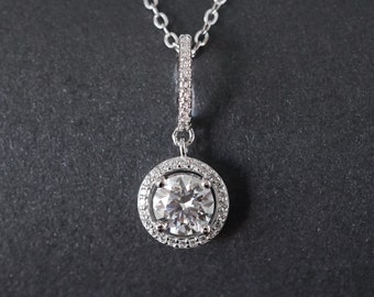 Elegant & Brilliant  Halo loop Moissanite Pendant  Moissanite Necklace D Color, Sterling Silver and Platinum Group Metal Multi-Layer Plating