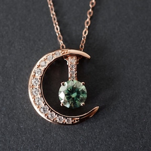 Elegant Delicate Green Moissanite Moon Necklace 1ct D Color, Sterling Silver and Platinum Group Metal Multi-Layer Plating, Best Gift for Her