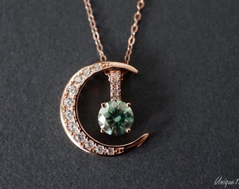 Elegant Delicate Green Moissanite Moon Necklace 1ct D Color, Sterling Silver and Platinum Group Metal Multi-Layer Plating, Best Gift for Her