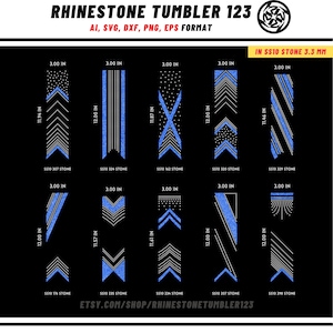Puede incluir: Gráfico negro con diseños de vasos con pedrería. Los diseños incluyen patrones azules y plateados, con dimensiones de 7,62 cm de ancho y alturas entre 29,11 cm y 30,48 cm. El texto incluye "RHINESTONE TUMBLER 123" y "ETSY.COM/SHOP/RHINESTONETUMBLER123".