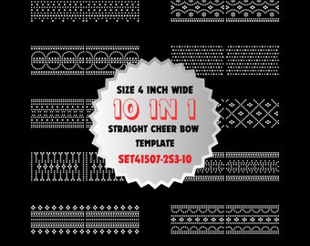 May include: Ten different 4 inch wide rhinestone cheer bow designs.  The designs are made of white rhinestones on a black background.  The text on the image reads "Size 4 inch wide 10 in 1 Straight Cheer Bow Template SET41507-2S3-10".