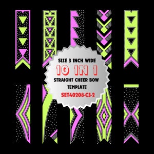 May include: Ten different designs for a 3 inch wide cheer bow template. The designs feature a combination of pink, yellow, and black geometric patterns. The text "10 IN 1" is displayed in red.