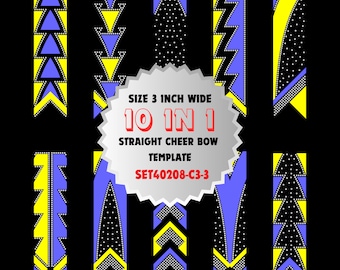 May include: A set of 10 cheer bow templates, each 3 inches wide, with different geometric designs in blue, yellow, and white. The designs include triangles, zigzags, and polka dots. The text "10 IN 1 STRAIGHT CHEER BOW TEMPLATE SET40208-C3-3" is displayed on a white starburst.