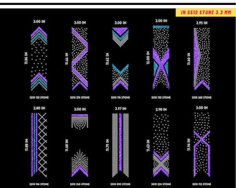May include: A black graphic featuring rhinestone tumbler designs. The designs include various geometric patterns with purple, blue, and silver rhinestones. Each design is labeled with measurements in inches, such as 3.00 in x 11.86 in.