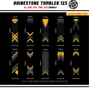 May include: A set of 10 rhinestone tumbler designs featuring different geometric patterns. Each design is labelled with the number of rhinestones needed and the dimensions in inches. The designs are for use with 3.3 mm SS10 rhinestones.