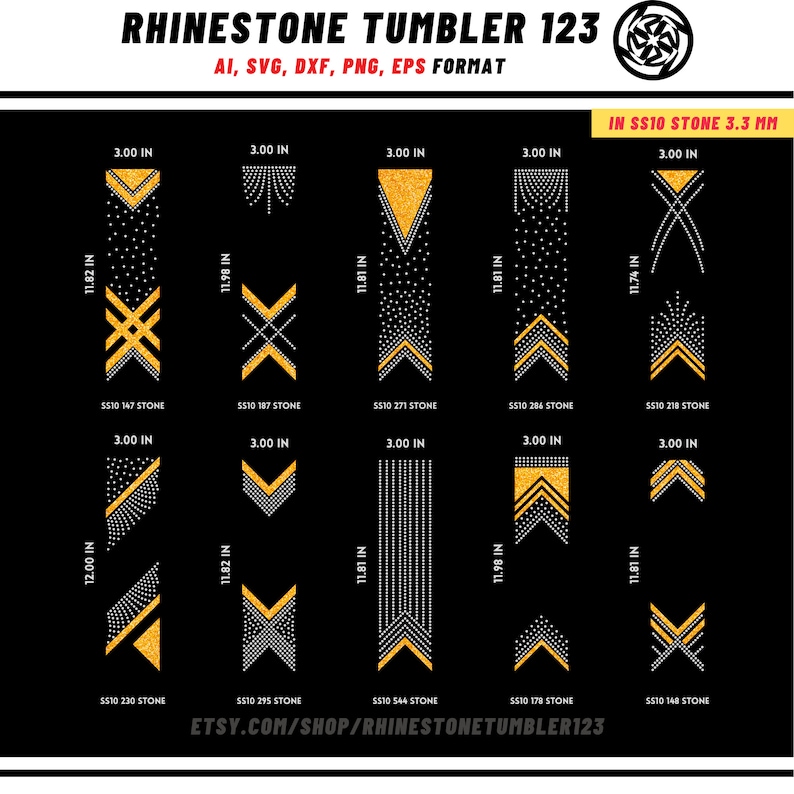 May include: A set of 10 rhinestone tumbler designs featuring different geometric patterns. Each design is labeled with the number of rhinestones needed and the dimensions in inches. The designs are for use with 3.3 mm SS10 rhinestones.