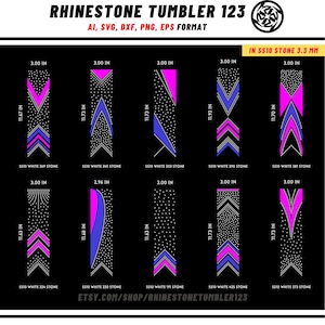 Könnte beinhalten: Eine digitale Designvorlage für einen Strass-Becher mit verschiedenen Pfeilmotiven in Pink, Blau und Weiß. Die Motive sind in einem Raster angeordnet, wobei die Maße jedes Motivs darunter angegeben sind. Der Text "Rhinestone Tumbler 123" und "Etsy.com/shop/rhinestonetumbler123" sind ebenfalls im Bild enthalten.