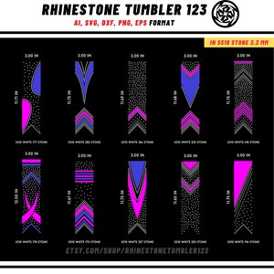 Pode incluir: Dez designs diferentes para copos de strass, cada um com um arranjo diferente de strass rosa, azul e branco. Os designs têm todos 7,6 cm de largura e variam em altura de 29,6 cm a 30,5 cm. Os designs são etiquetados com o número de strass usados e o tamanho dos strass. O texto "RHINESTONE TUMBLER 123" e "ETSY.COM/SHOP/RHINESTONETUMBLER123" também estão incluídos na imagem.