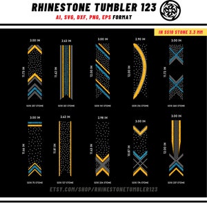 Op de afbeelding: Zwarte digitale ontwerpen voor strass-tumblers. De ontwerpen bevatten verschillende patronen met afmetingen in centimeters, zoals 7,62 cm x 29,79 cm, 6,68 cm x 29,51 cm en 7,62 cm x 30,48 cm. De ontwerpen zijn beschikbaar in AI-, SVG-, DXF-, PNG- en EPS-formaten.