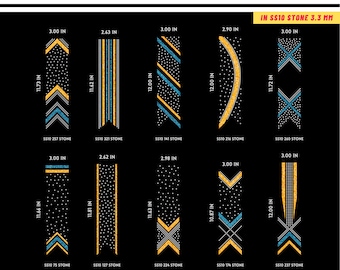 May include: Black digital designs for rhinestone tumblers. The designs include various patterns with measurements in inches, such as 3.00 in x 11.73 in, 2.63 in x 11.62 in, and 3.00 in x 12.00 in. The designs are available in AI, SVG, DXF, PNG, and EPS formats.