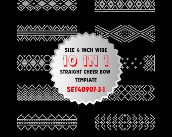 May include: A set of 10 cheer bow templates, each 4 inches wide. The templates are designed for straight cheer bows and are made of white dots on a black background. The set is labeled "10 IN 1 STRAIGHT CHEER BOW TEMPLATE SET40907-3-1".