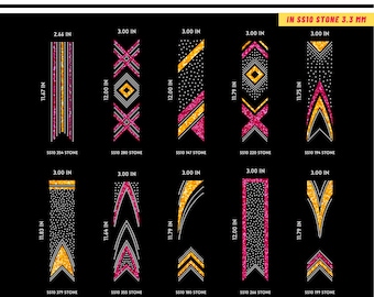 May include: Ten different designs for rhinestone tumblers, each with a different pattern of pink and gold rhinestones. The designs are labeled with the number of rhinestones used and the dimensions of the design in inches.
