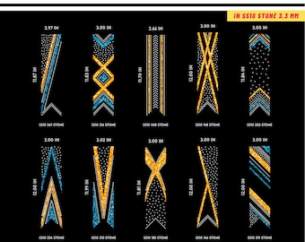 May include: Nine different designs for rhinestone tumblers. Each design features a combination of blue and gold rhinestones arranged in geometric patterns. The designs are labeled with their dimensions in inches and the number of rhinestones used. The text "Rhinestone Tumbler 123" and "Etsy.com/shop/rhinestonetumbler123" are also included in the image.