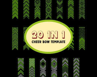 May include: A set of 20 cheer bow templates with different geometric patterns in green and white. The text "20 IN 1 CHEER BOW TEMPLATE" is displayed in a yellow oval.
