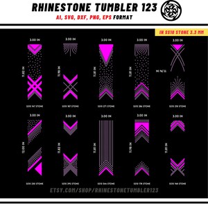 May include: A set of 10 rhinestone designs for tumblers, each measuring 3 inches wide and varying in height from 11.81 to 12 inches. The designs are made with SS10 size rhinestones and feature a variety of geometric shapes and patterns in pink and white.