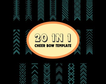 May include: A black background with 20 teal cheer bow templates. The templates feature various designs, including dotted lines, chevrons, and geometric patterns. An oval in the center reads "20 IN 1 CHEER BOW TEMPLATE".