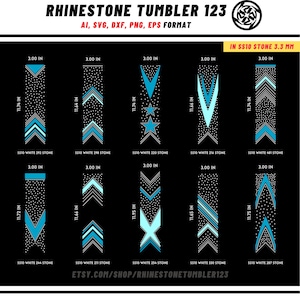 以下が含まれることがあります： 10種類のデザインが施されたラインストーンタンブラーのデジタルデザインテンプレート。各デザインは、青と水色の異なる配置の白いラインストーンを特徴としています。デザインには、各デザインに必要なラインストーンの数が表示されています。画像には、「RHINESTONE TUMBLER 123」と「IN SS10 STONE 3.3 MM」のテキストが含まれています。