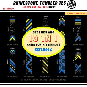 May include: A digital design template for 10 cheer bow designs featuring a 3-inch wide rhinestone design. The designs are made with white, blue, and yellow rhinestones. The template is labeled "SET41102-4" and "Size 3 inch wide 10 in 1 Cheer Bow HTV Template".