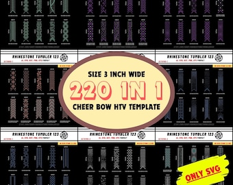 May include: A digital download of 220 cheer bow designs for heat transfer vinyl (HTV). The designs are 3 inches wide and come in a variety of geometric patterns. The designs are in black and white and are labeled "Rhinestone Tumbler 123".