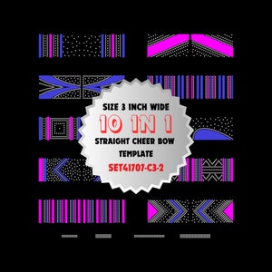 May include: A digital design template for a cheer bow with 10 different designs. The designs are in black, white, pink, and blue with a white polka dot pattern. The template is 3 inches wide and is labeled "10 in 1 Straight Cheer Bow Template Set 41707-C3-2".