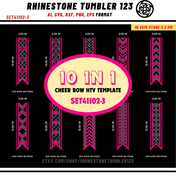 10 Cheer Bow Rhinestone Template with HTV, V tail, 3 inch rhinestone digital download for cricut, svg, eps, png, dxf, cdr, SS10 SET41102-3