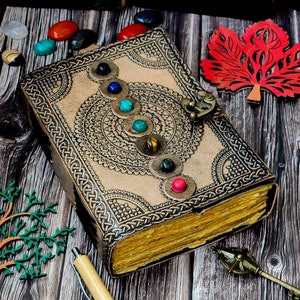 Blank spell book of shadows journal with lock clasp handmade leather seven stone diary embossed seven chakra prayer pagan book 7/5