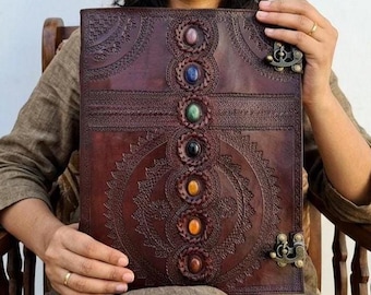 Extra Large 200/400/600 Pages Leather Journal with seven stone, Leather Guest Notebook, Book of Shadows, Massive Grimoire.