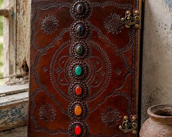 Großes Seven Stone Lederbuch, Buch der Schatten, Hochzeitsgästebuch, Leder Grimoire, Reise Notizbuch, Geschenk für Ihn Sie.
