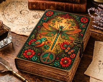 May include: A rectangular hardback book featuring a vibrant illustration of a large dragonfly, a small bird, and a peace sign surrounded by red and teal flowers. The book has a metallic latch closure and thick, textured pages with a vintage appearance.