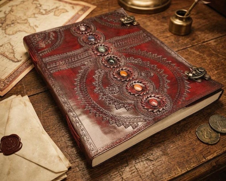 K&ouml;nnte beinhalten: Ein handgefertigtes, weinrotes Lederjournal mit aufwendigen gepr&auml;gten Designs und farbenfrohen Edelsteinakzenten. Das Journal hat Metallverschl&uuml;sse und wird auf einer Holzoberfl&auml;che mit antiken M&uuml;nzen und einer Karte pr&auml;sentiert.