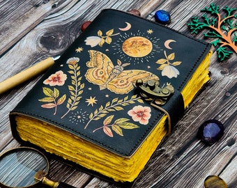 Handmade Leather Butterfly Journal – Vintage Writing Notebook with Deckle Edge Paper, Aesthetic Gift for Her, Witchy Grimoire Journal