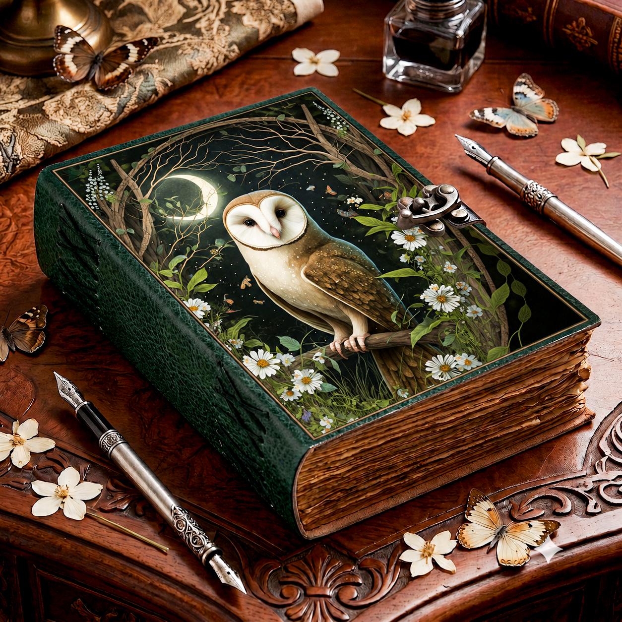 Leather journal Owl Moon with Lock, Celestial Leather Notebook, Woodland Journal, Spiritual Writing