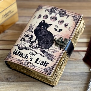 Leather journal Spell wizard Cat Book Blank Magik Notebook Book Of Shadows Wiccan Pagan grimoire book for Traveling Sketching best gift 7/5