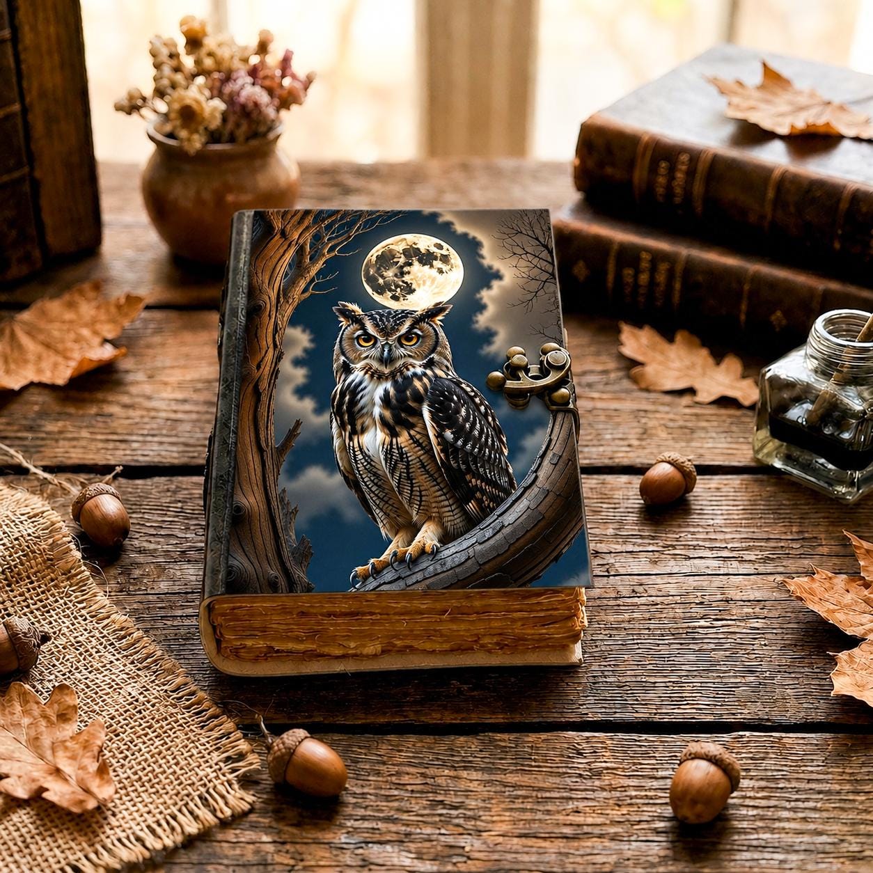 Owl Leather Journal, Grimoire Notebook, Handmade Vintage Moon Diary, Nature Gothic Keepsake, Persona