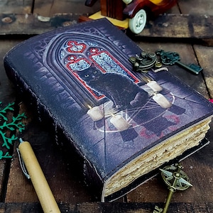 Leather journal Spell wizard Cat Book Blank Magik Notebook Book Of Shadows Wiccan Pagan grimoire book for Traveling Sketching best gift 7/5