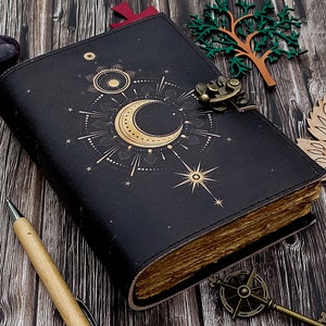 Journal en cuir soleil lune pour homme femme, 200 pages de carnet de croquis de voyage en papier vintage fait main, bordé par Deckle, 7.5, livre de poésie