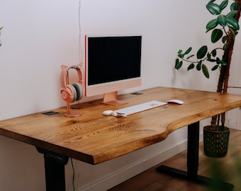 Calmdesk - Eiken verstelbaar bureau, sta-bureau, live edge bureau, loft-ontwerp, sta-bureau, massief houten tafelblad, 2 hefmotoren